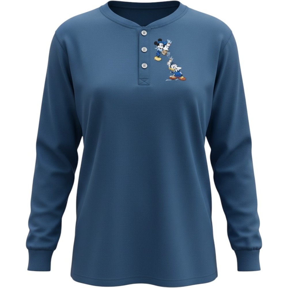 Vintage Mickey Unlimited Jerry Leigh Blue Henley Mickey Donald Embroidered MED